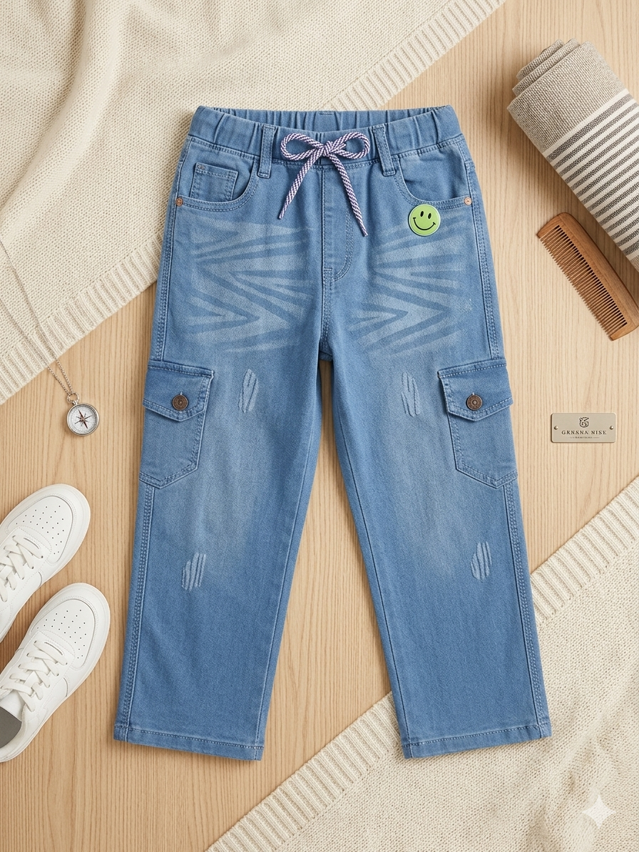 Unisex Relaxed Fit Cargo Jeans - Light Wash Denim