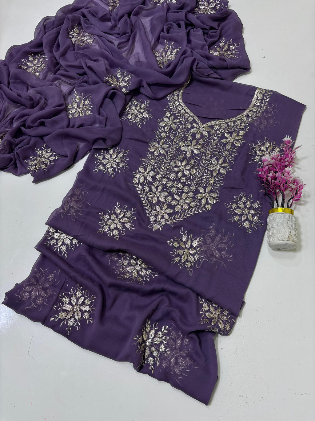 Exquisite Silver Bloom Chiffon Suit