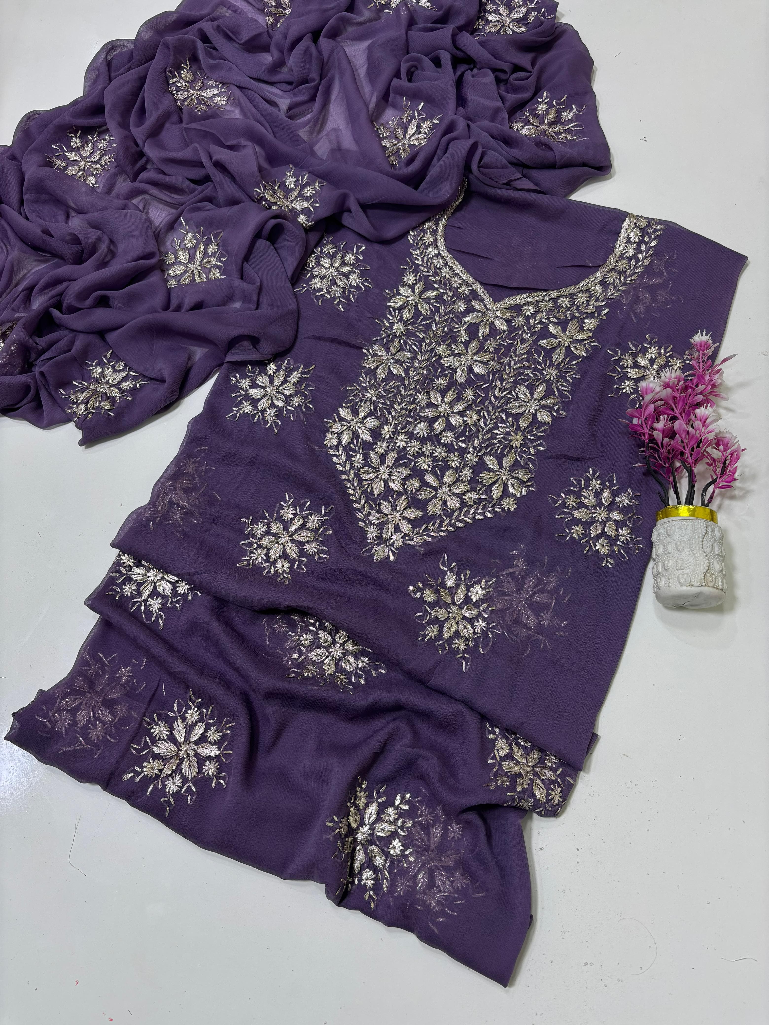 Exquisite Silver Bloom Chiffon Suit