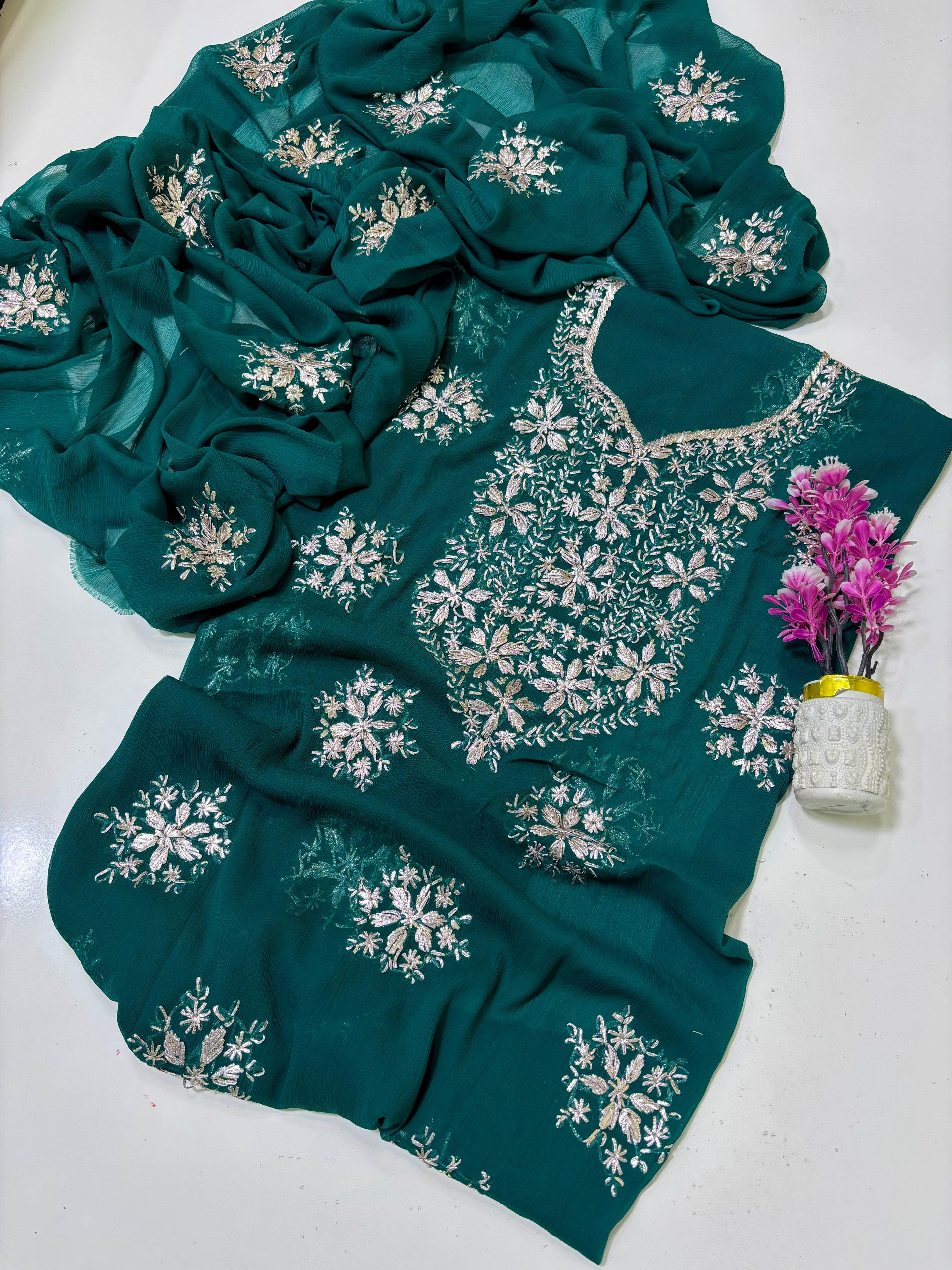 Exquisite Silver Bloom Chiffon Suit