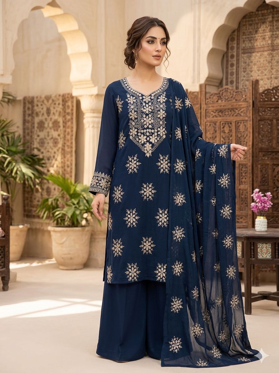 Exquisite Silver Bloom Chiffon Suit
