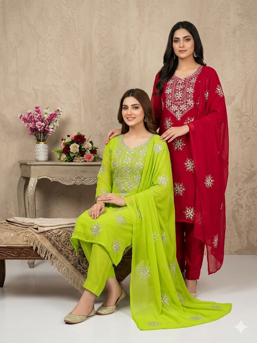 Exquisite Silver Bloom Chiffon Suit