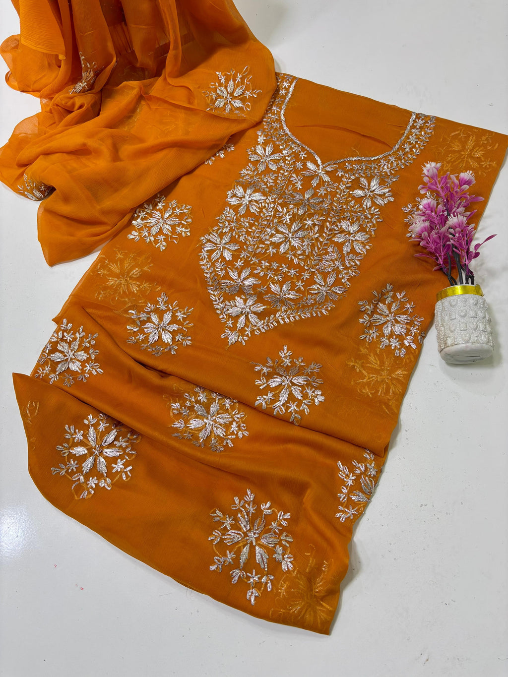 Exquisite Silver Bloom Chiffon Suit