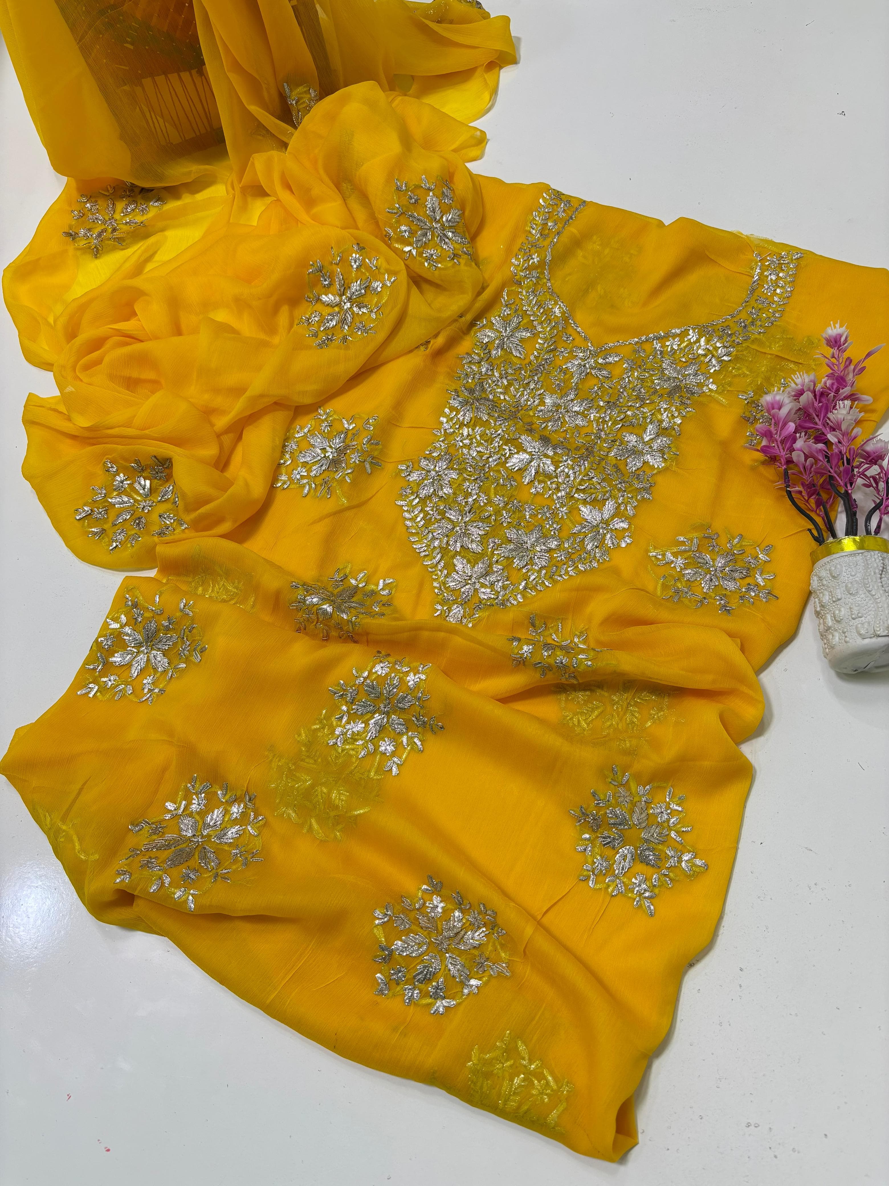 Exquisite Silver Bloom Chiffon Suit