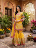 Festive Elegance: Mustard Yellow Embroidered Gharara Set with Multi-Color Accents"