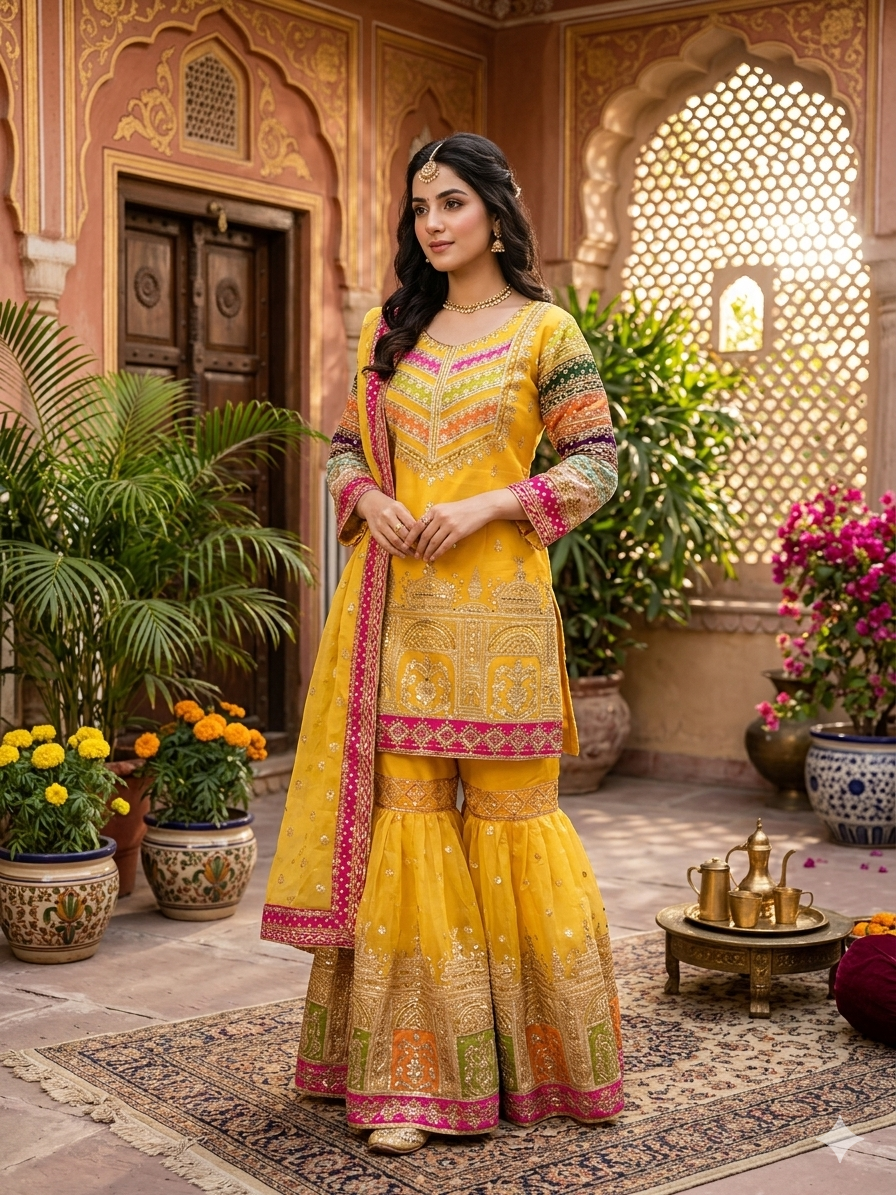 Festive Elegance: Mustard Yellow Embroidered Gharara Set with Multi-Color Accents"