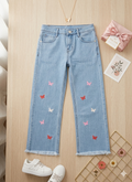 Girls' Butterfly Embroidered Wide-Leg Denim Jeans