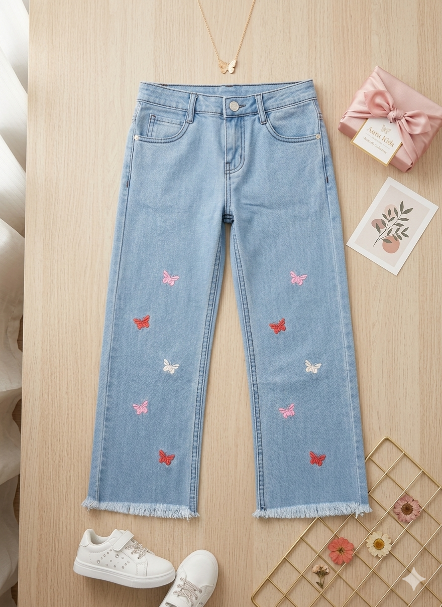 Girls' Butterfly Embroidered Wide-Leg Denim Jeans
