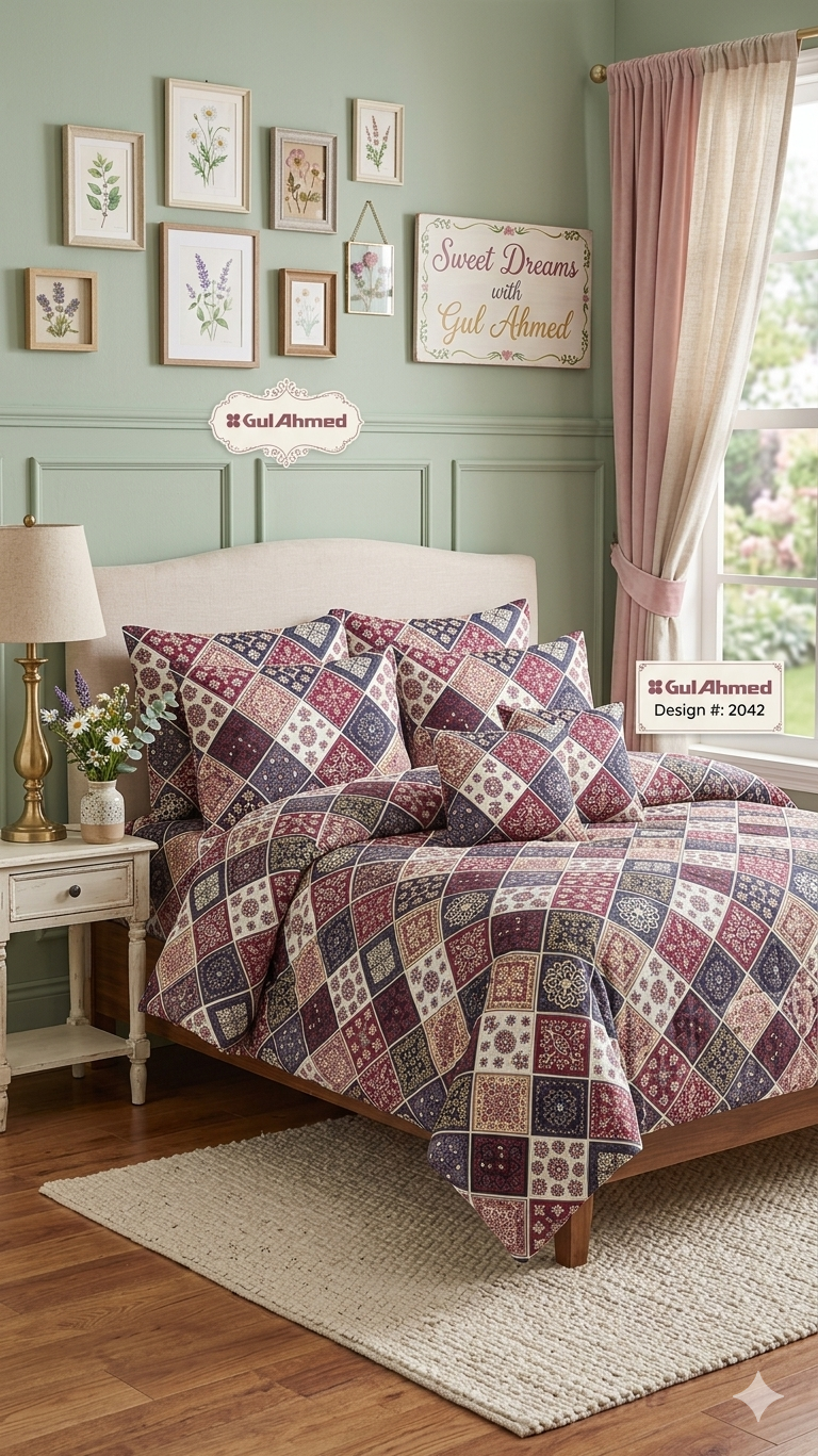 Gul Ahmed Cotton Bedding Set – Traditional Mosaic Tile Print